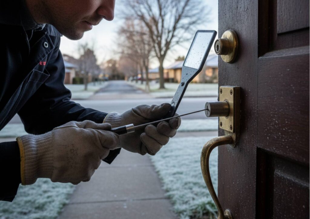 Locksmith inspecting an aging lock on a Canberra home's front door during cold winter, checking for rust and misalignment for home security.