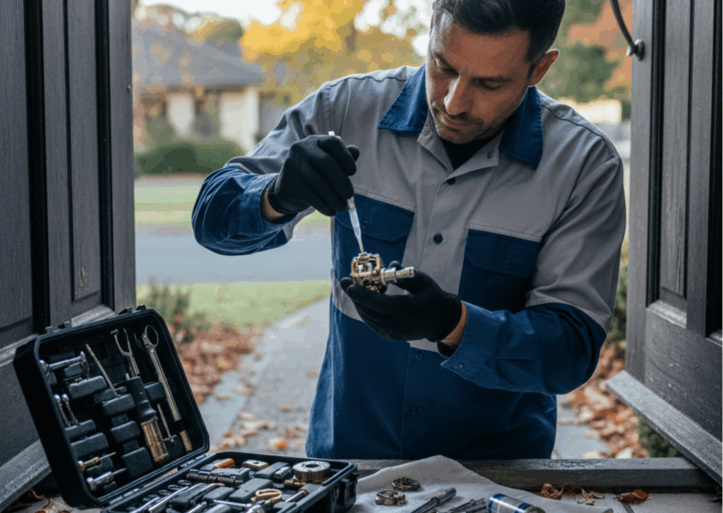 Canberra locksmith in workwear using precision tools to clean and lubricate a stuck metal lock cylinder on a home door during autumn.