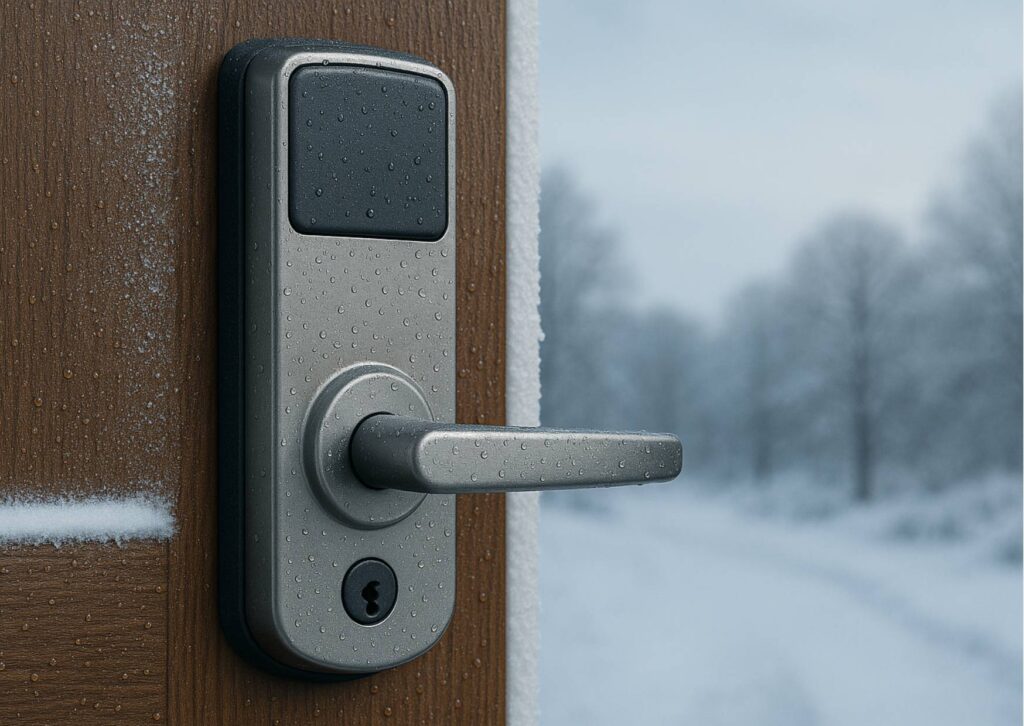 Close-up of a modern weather-resistant front door lock installed on a residential door in Canberra, showing light frost and emphasizing durability in winter.