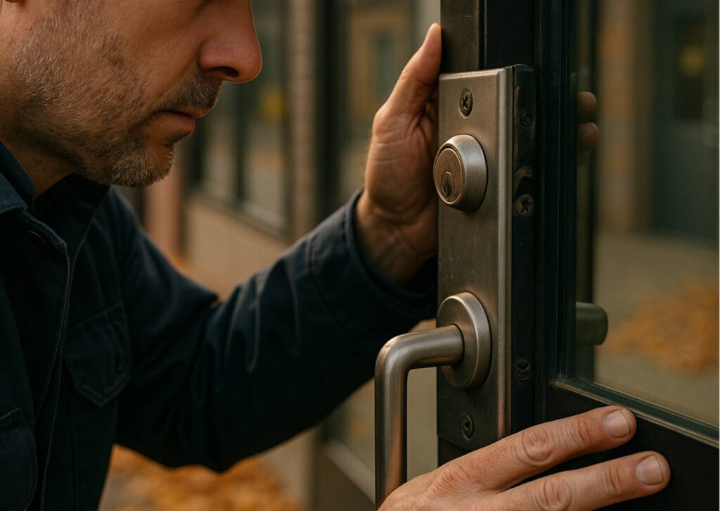 Close-up of a locksmith inspecting a commercial door lock, deadbolts, and hinges at a business entrance during autumn, assessing vulnerable points.