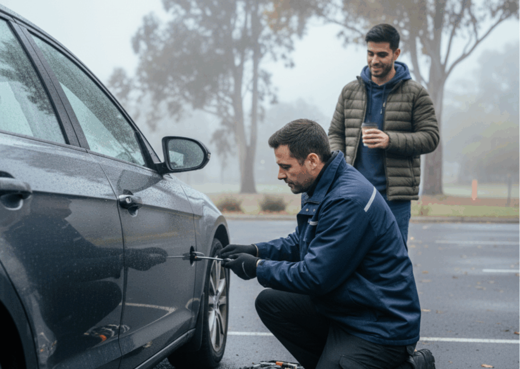 Locksmith assisting a driver with a frozen car lock in a Canberra parking area on a misty autumn day, using a diagnostic tool.