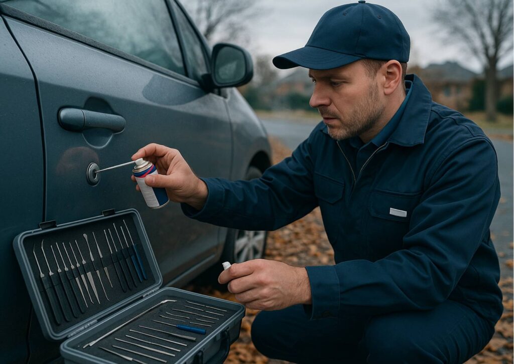 Close-up of a car door lock covered in frost and ice crystals on a Canberra autumn morning, with a driver's hand hesitating to insert a key.