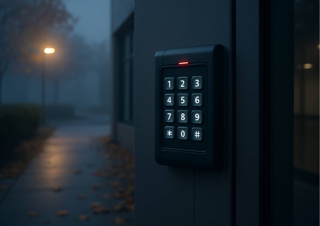 Illuminated commercial access control keypad or card reader in use at a business during an autumn evening, highlighting modern security in low light.