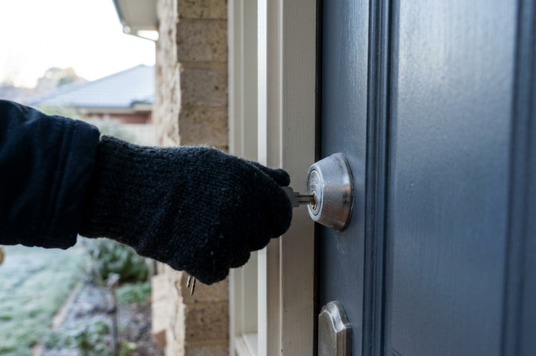 A gloved hand turning a frozen key in a door lock on a frosty winter morning in Canberra.